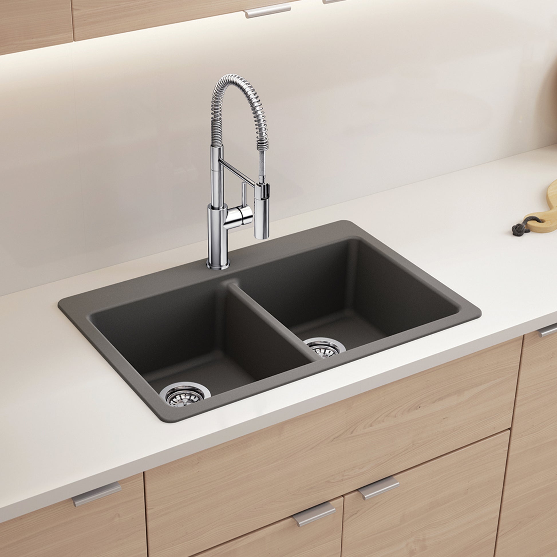 Cinder - BLANCO Liven SILGRANIT 33" 50/50 Double Bowl Dual Mount Kitchen Sink with Low Divide