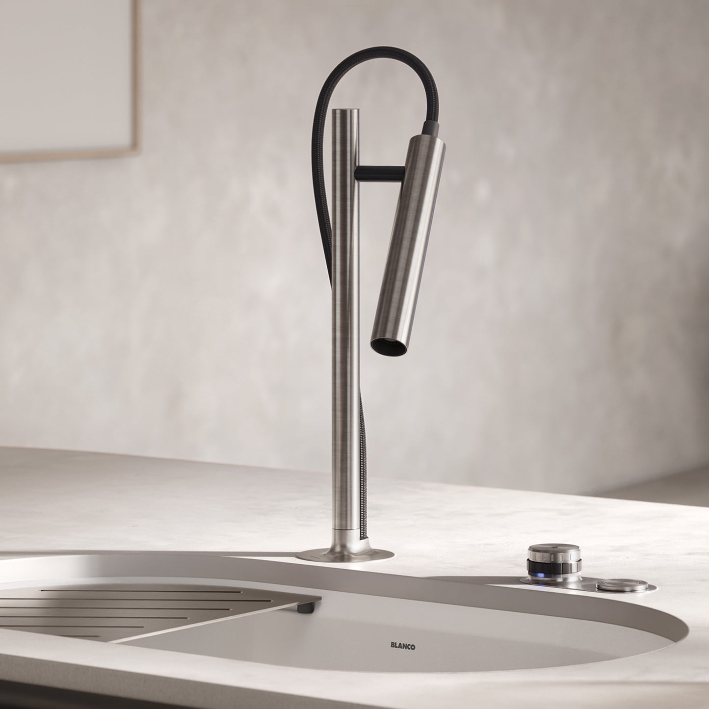 Stainless Steel - BLANCO Luneoo Pull-Down Dual-Spray Kitchen Faucet with Push Button Activation - Brushed Stainless Steel
