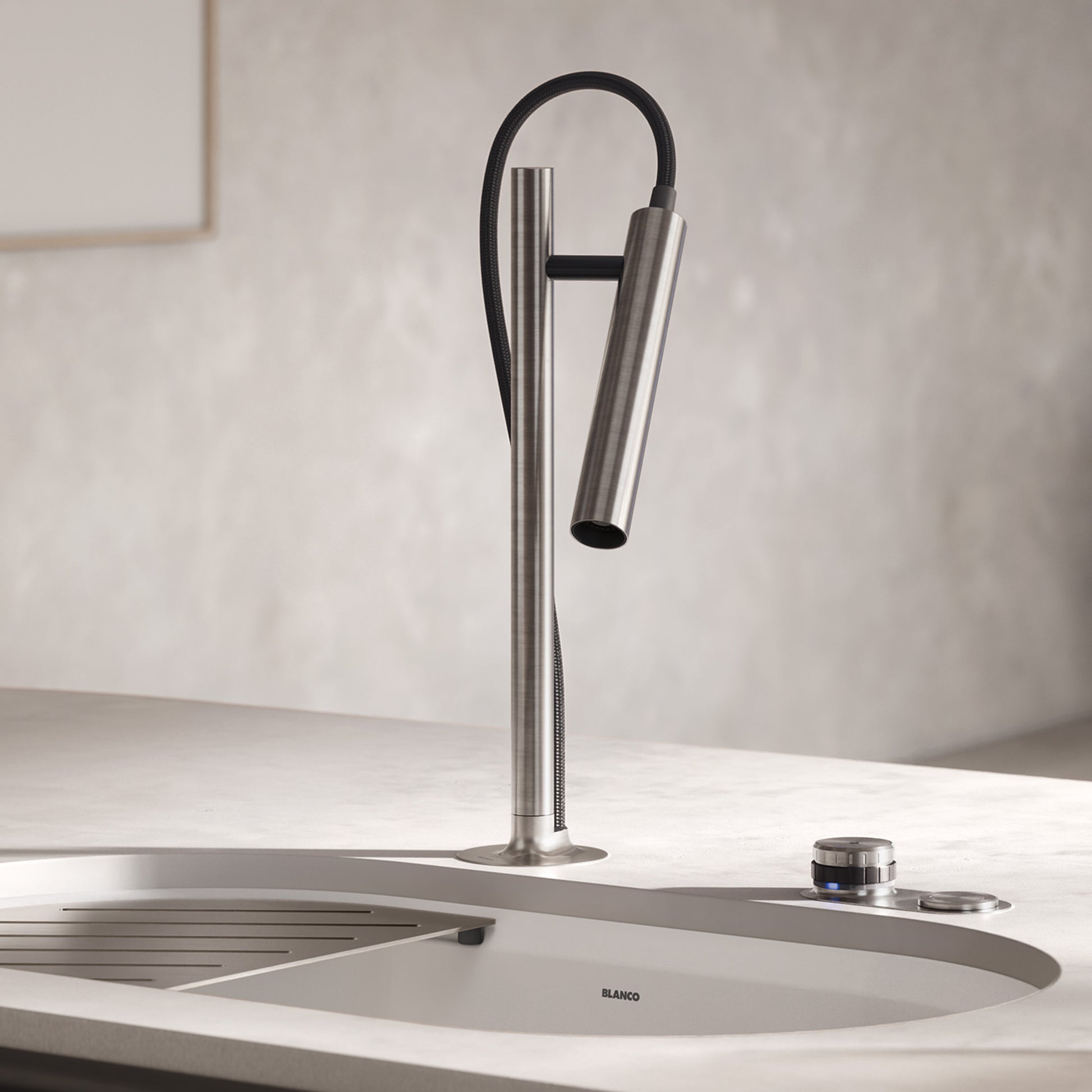 Stainless Steel - BLANCO Luneoo Pull-Down Dual-Spray Kitchen Faucet with Push Button Activation - Brushed Stainless Steel