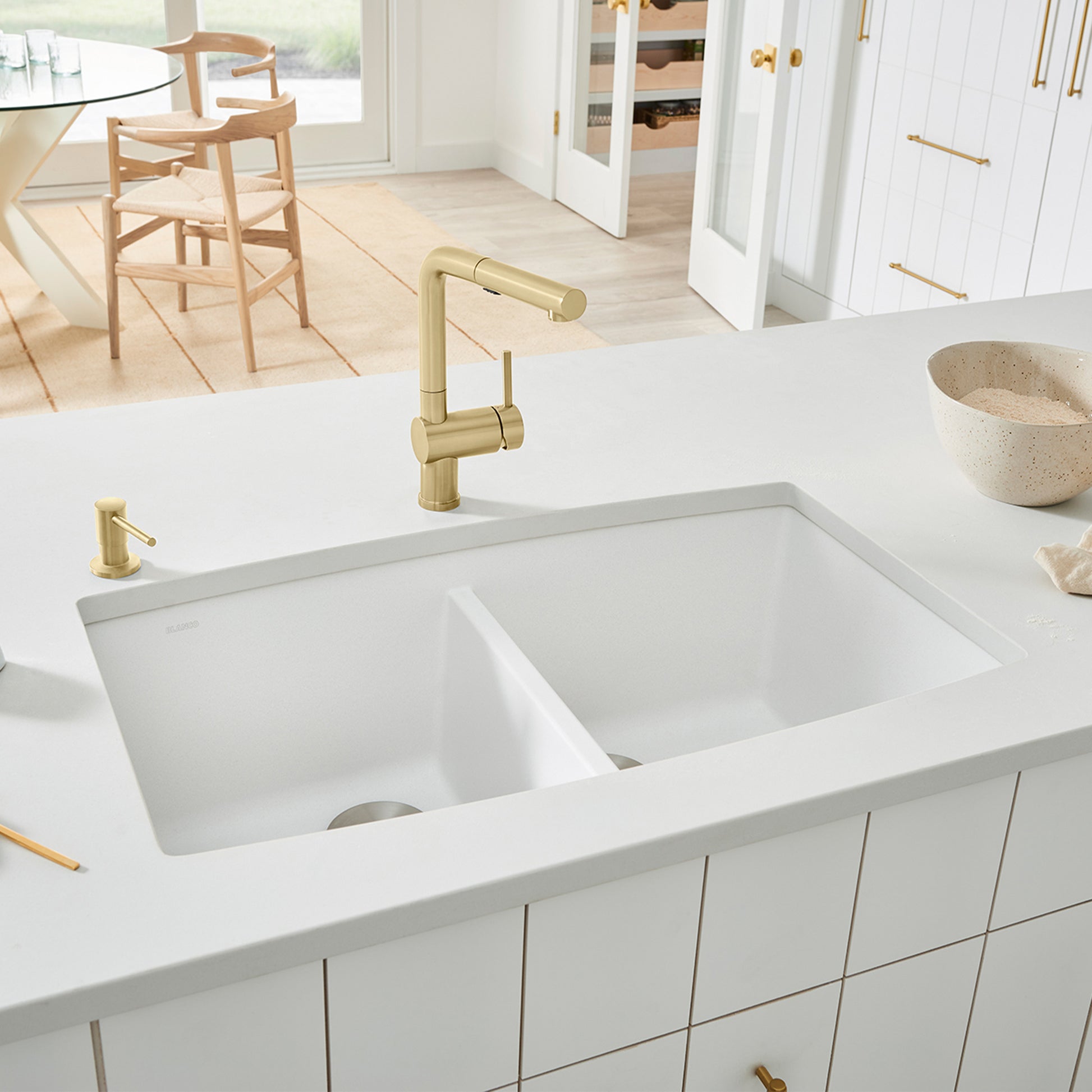 White - BLANCO Performa SILGRANIT 33" 50/50 Double Bowl Undermount Kitchen Sink