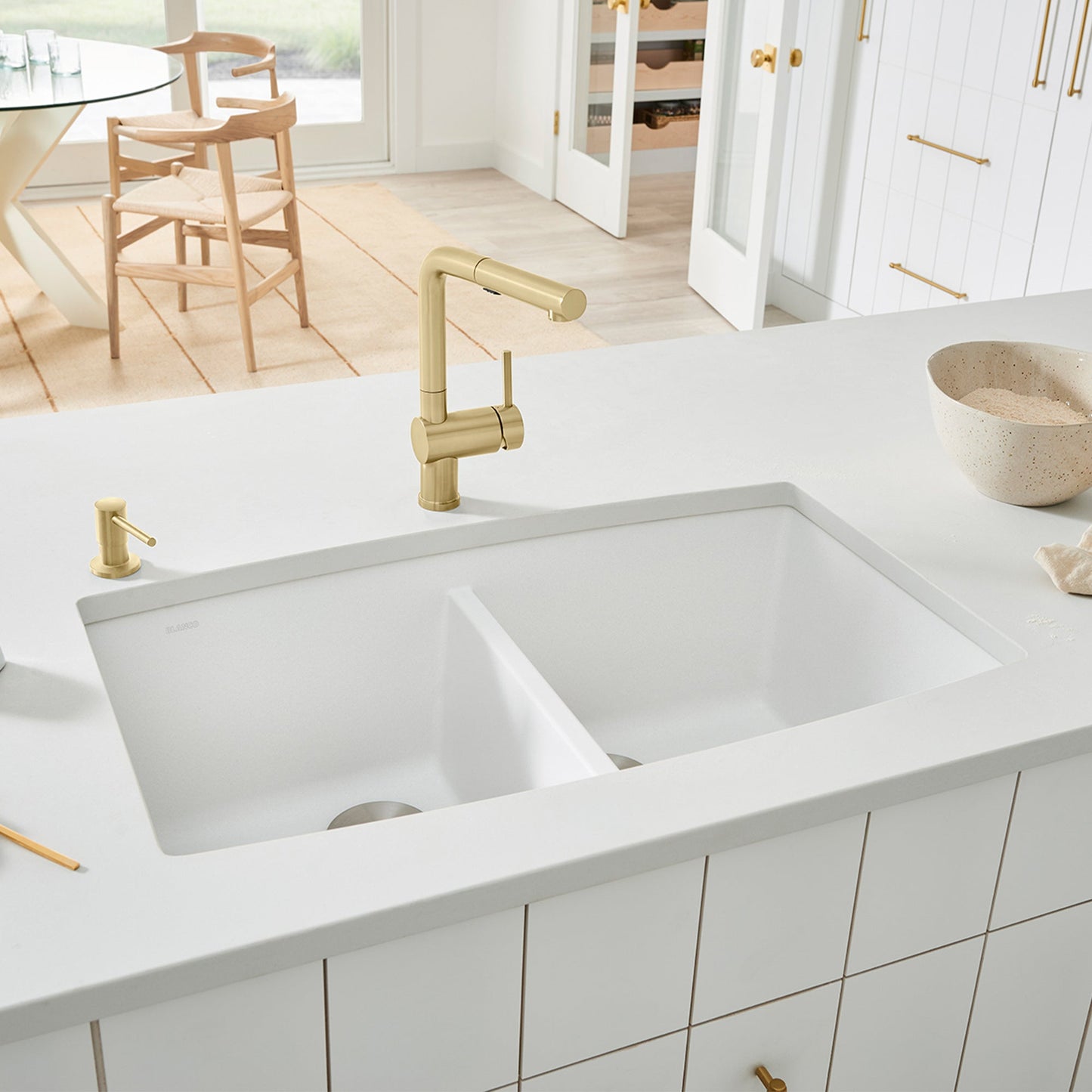White - BLANCO Performa SILGRANIT 33" 50/50 Double Bowl Undermount Kitchen Sink