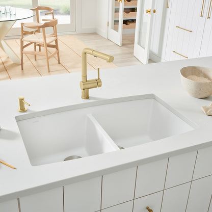 White - BLANCO Performa SILGRANIT 33" 50/50 Double Bowl Undermount Kitchen Sink