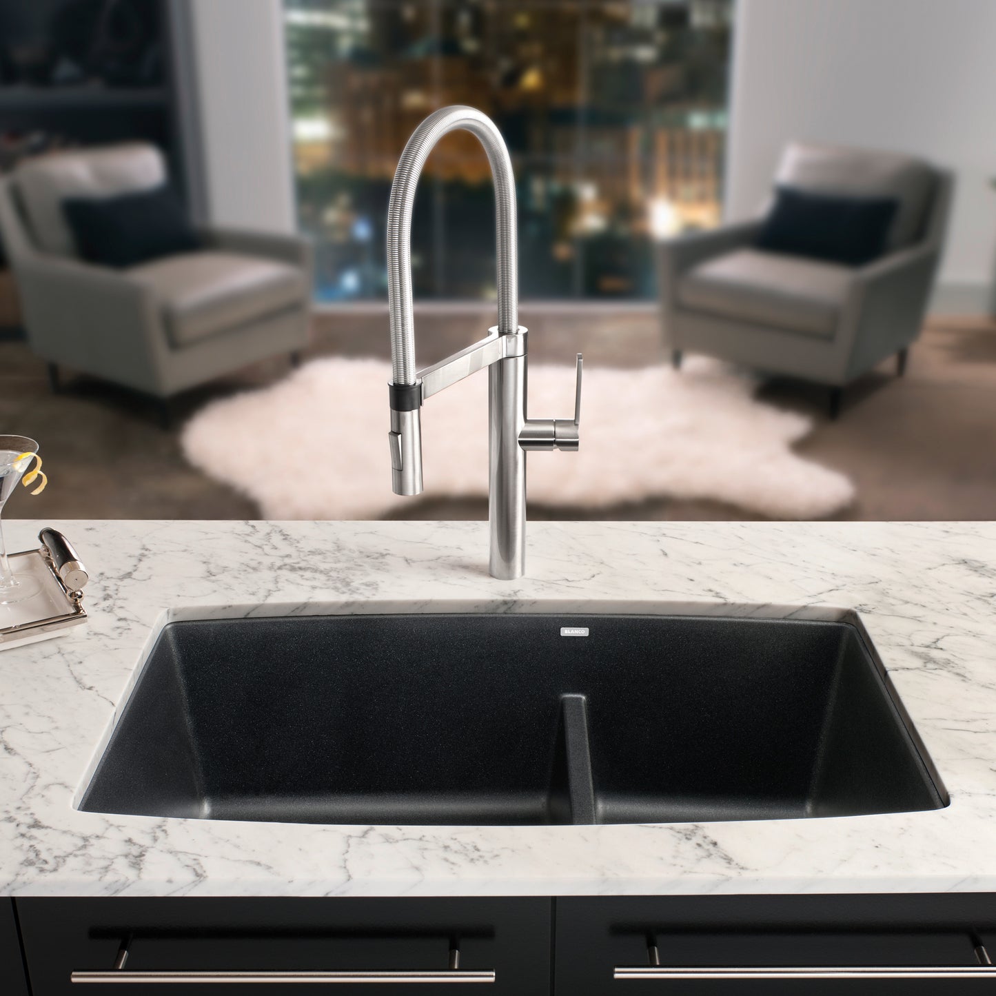 Anthracite - BLANCO Performa SILGRANIT 33" 60/40 Double Bowl Undermount Kitchen Sink with Low Divide