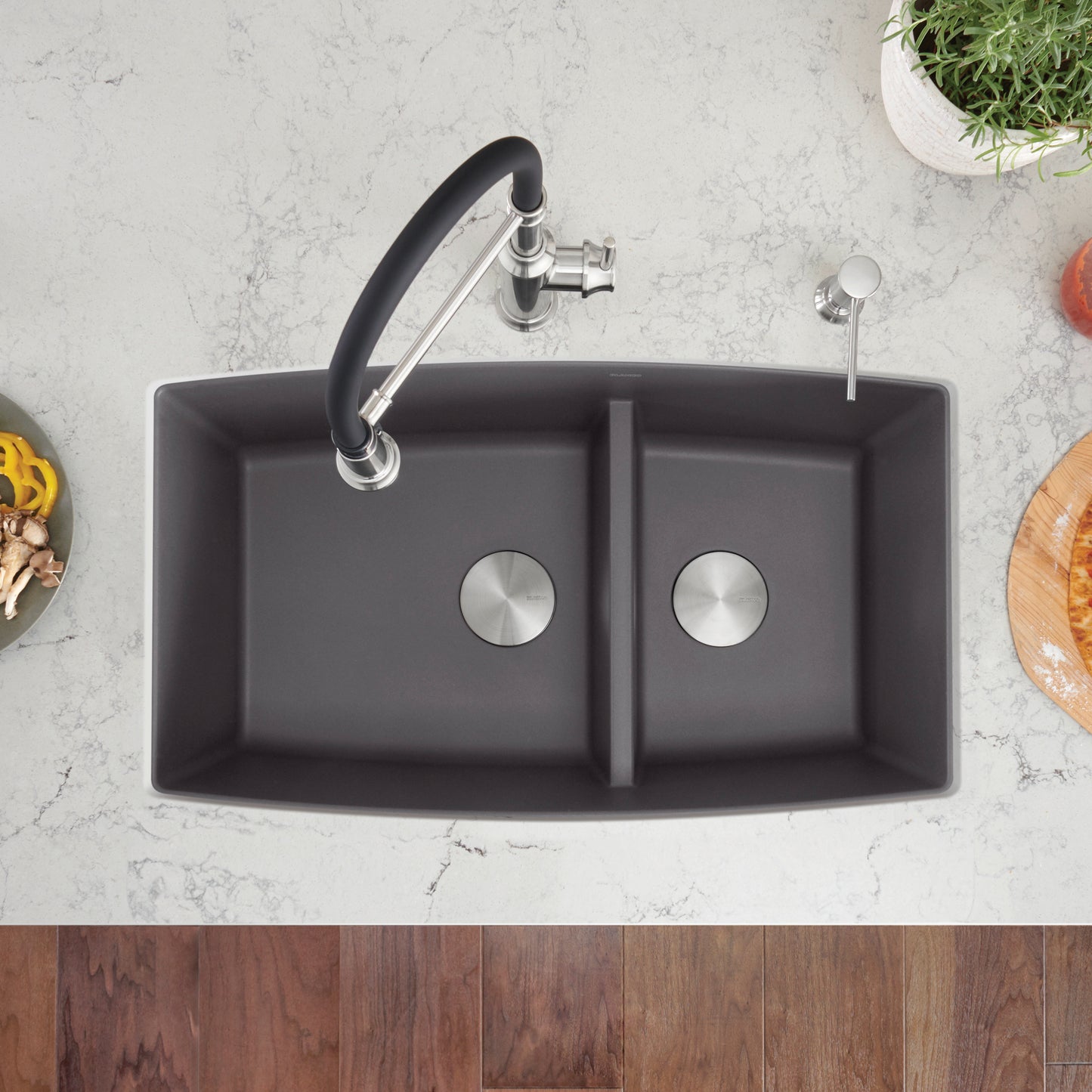 Cinder - BLANCO Performa SILGRANIT 33" 60/40 Double Bowl Undermount Kitchen Sink with Low Divide