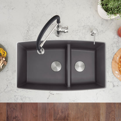 Cinder - BLANCO Performa SILGRANIT 33" 60/40 Double Bowl Undermount Kitchen Sink with Low Divide