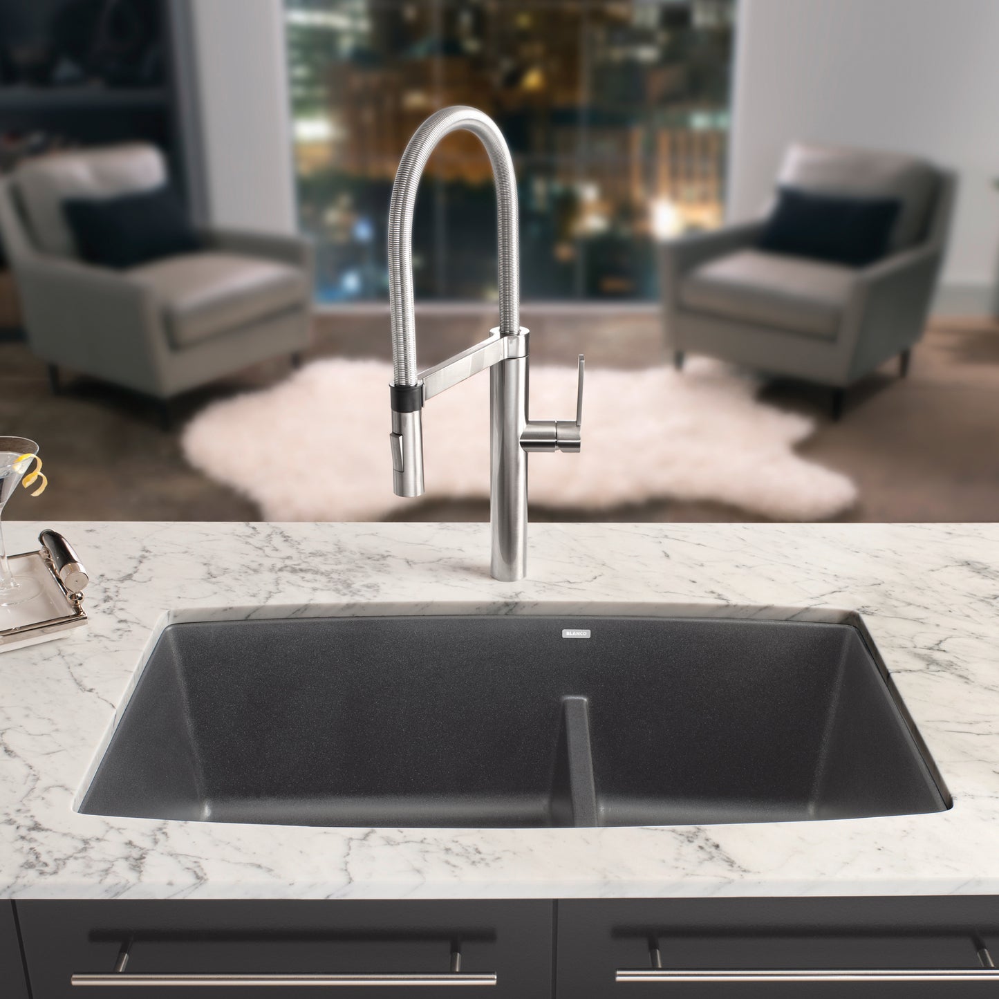 Cinder - BLANCO Performa SILGRANIT 33" 60/40 Double Bowl Undermount Kitchen Sink with Low Divide