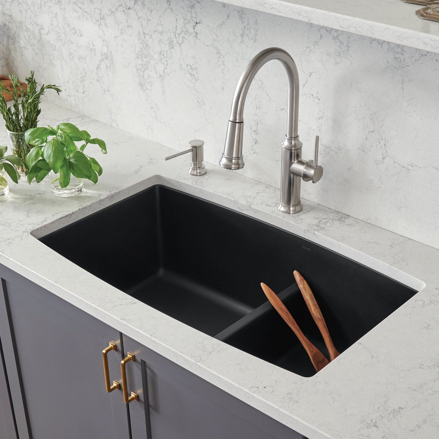 Coal Black - BLANCO Performa SILGRANIT 33" 60/40 Double Bowl Undermount Kitchen Sink with Low Divide