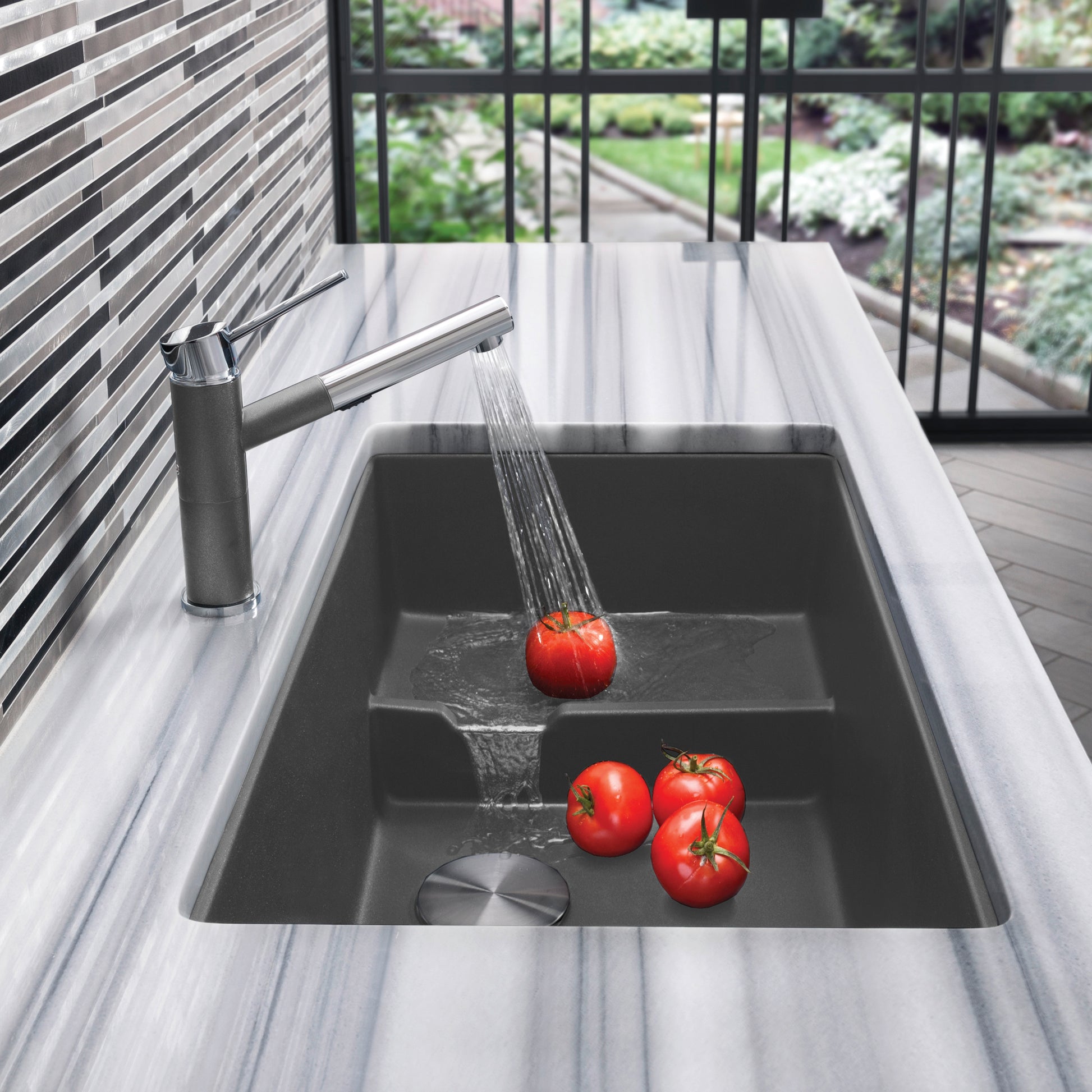 Cinder - BLANCO Precis Cascade SILGRANIT 29" Single Bowl Undermount Kitchen Sink with Colander