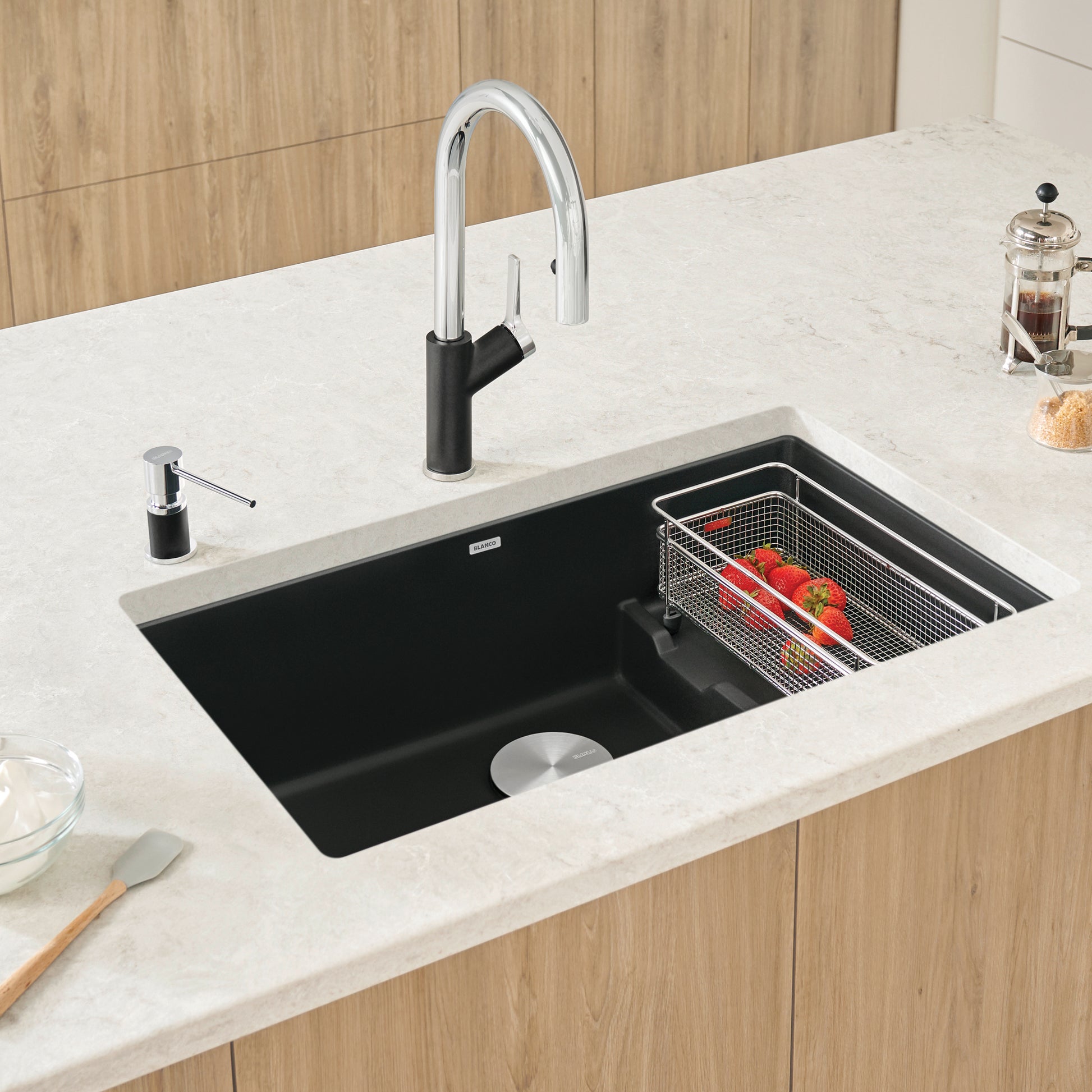 Coal Black - BLANCO Precis Cascade SILGRANIT 29" Single Bowl Undermount Kitchen Sink with Colander