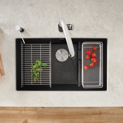 Coal Black - BLANCO Precis Cascade SILGRANIT 29" Single Bowl Undermount Kitchen Sink with Colander