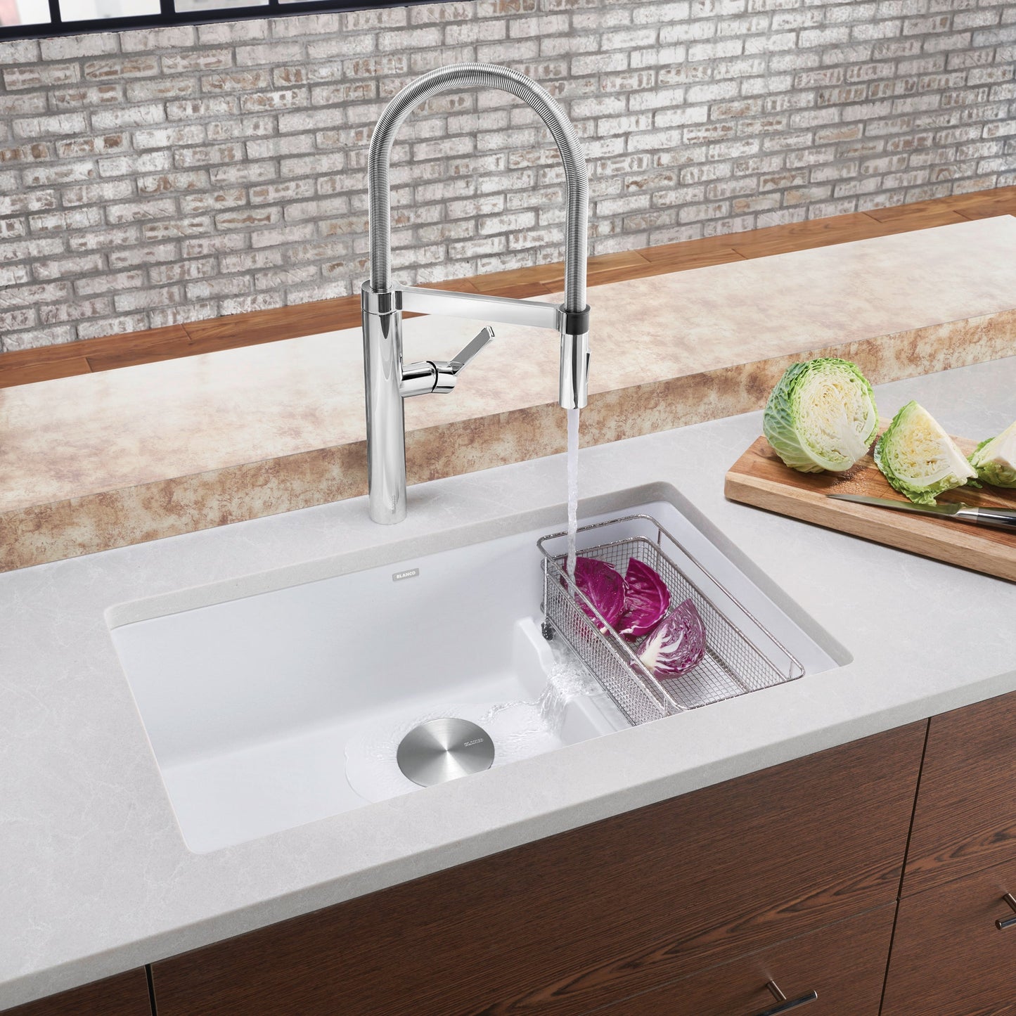 White - BLANCO Precis Cascade SILGRANIT 29" Single Bowl Undermount Kitchen Sink with Colander