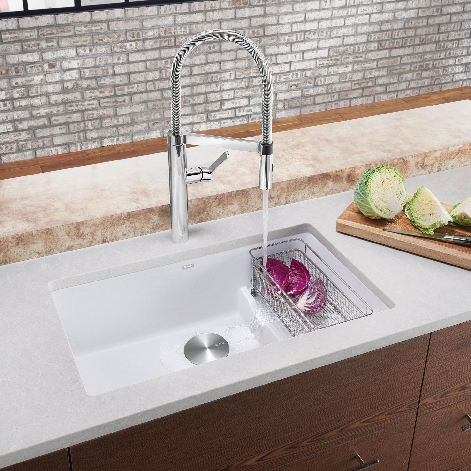 White - BLANCO Precis Cascade SILGRANIT 29" Single Bowl Undermount Kitchen Sink with Colander