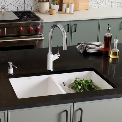 White - BLANCO Precis SILGRANIT 29" 50/50 Double Bowl Undermount Kitchen Sink