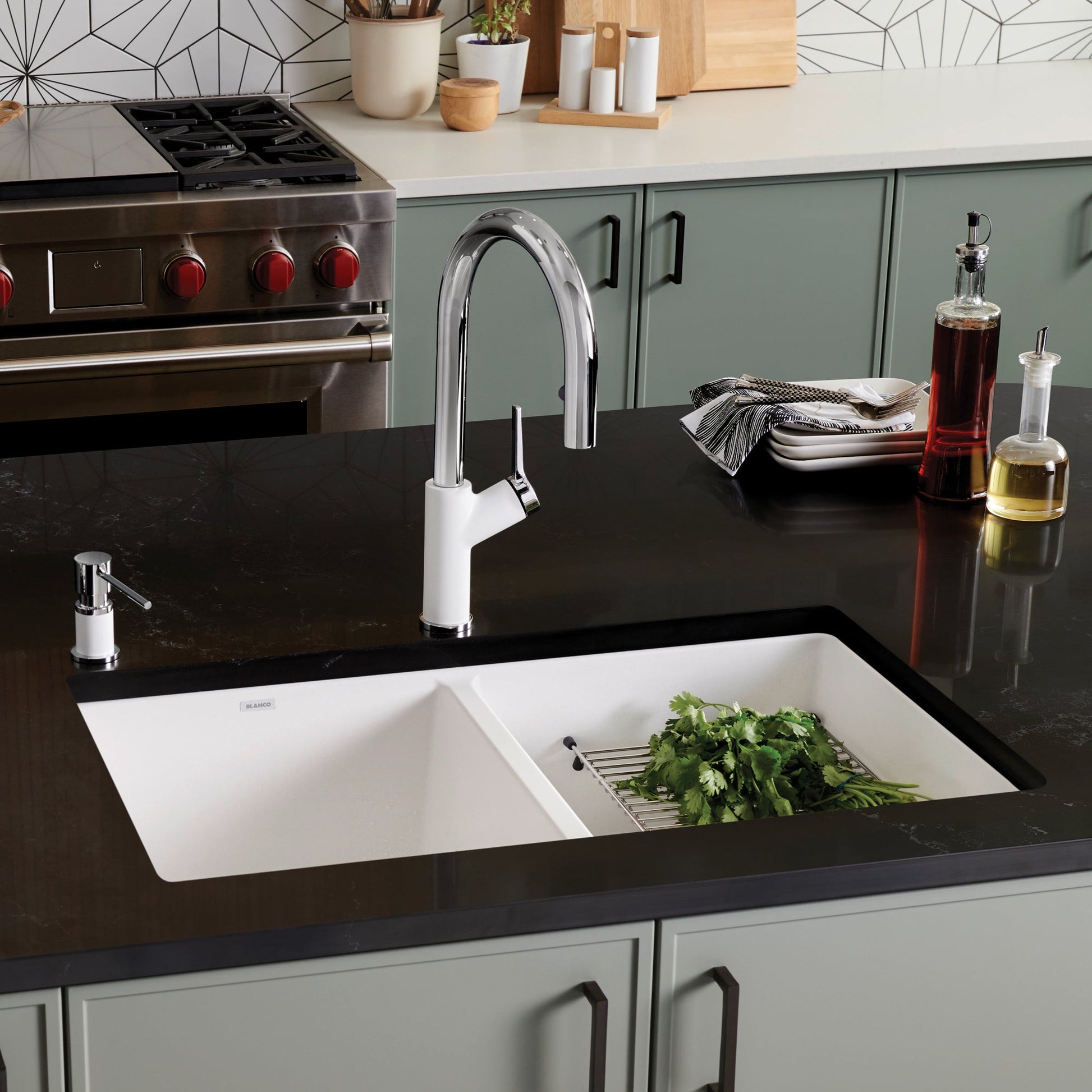 White - BLANCO Precis SILGRANIT 29" 50/50 Double Bowl Undermount Kitchen Sink