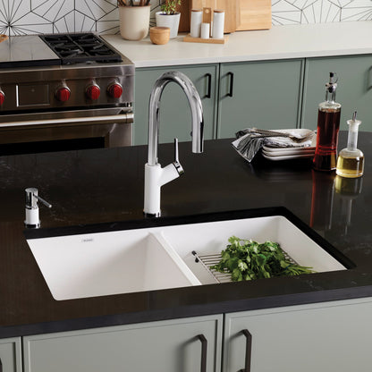 White - BLANCO Precis SILGRANIT 29" 50/50 Double Bowl Undermount Kitchen Sink