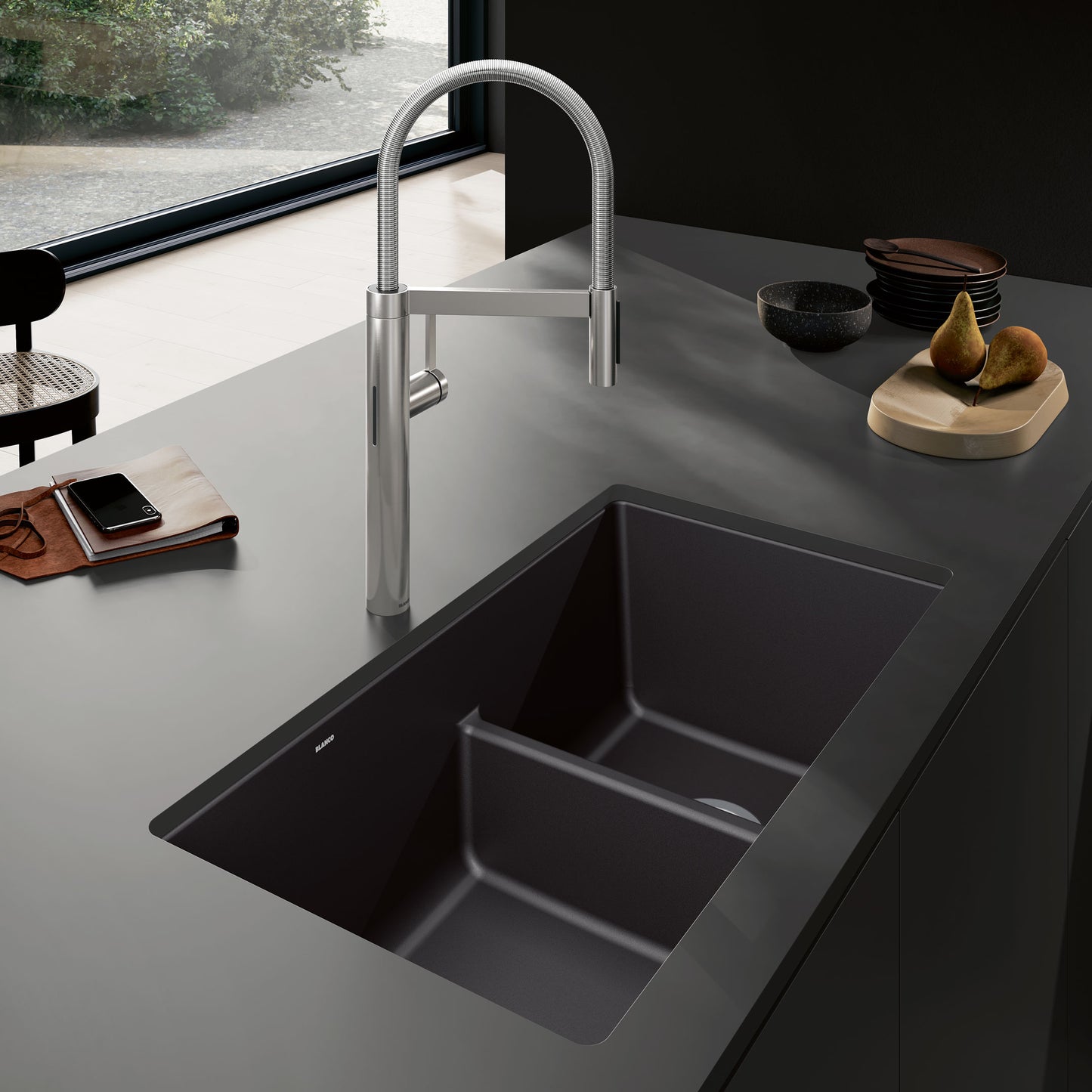 Coal Black - BLANCO Precis SILGRANIT 33" 60/40 Reversible Double Bowl Undermount Kitchen Sink with Low Divide