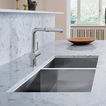 Satin Polished Finish - BLANCO Precision R0 33" 60/40 Double Bowl Undermount Stainless Steel Kitchen Sink