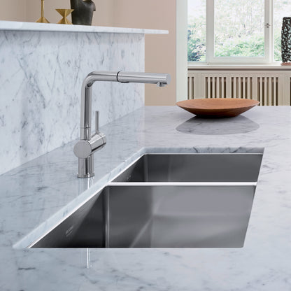 Satin Polished Finish - BLANCO Precision R10 33" 60/40 Double Bowl Undermount Stainless Steel Kitchen Sink