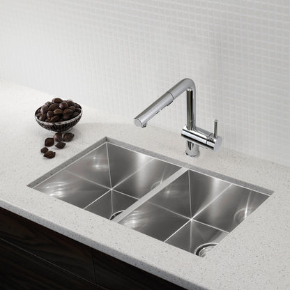 Satin Polished Finish - BLANCO Quatrus R0 32" 50/50 Double Bowl Undermount Stainless Steel Kitchen Sink