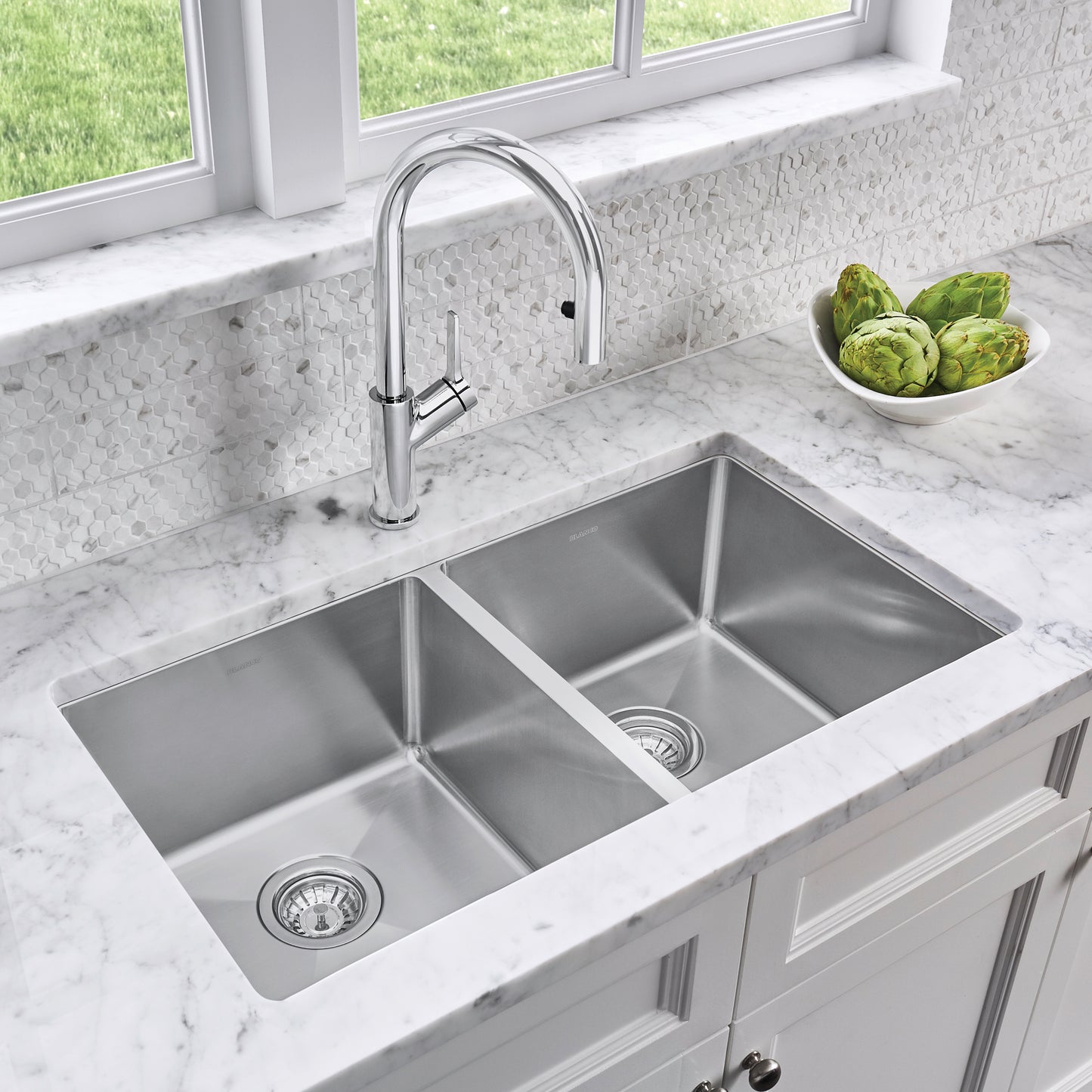 Satin Polished Finish - BLANCO Quatrus R15 32" 50/50 Double Bowl Undermount Stainless Steel Kitchen Sink