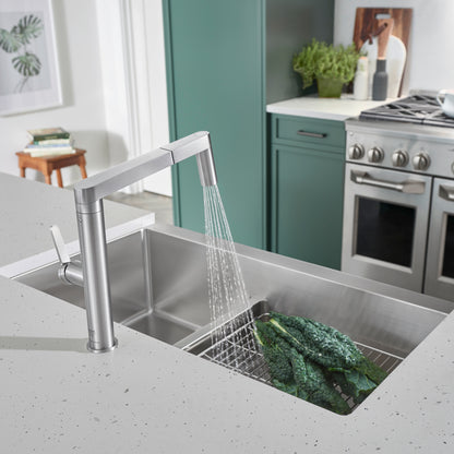 Satin Polished Finish - BLANCO Quatrus R15 33" 60/40 Double Bowl Apron-Front Stainless Steel Farmhouse Sink with Low Divide