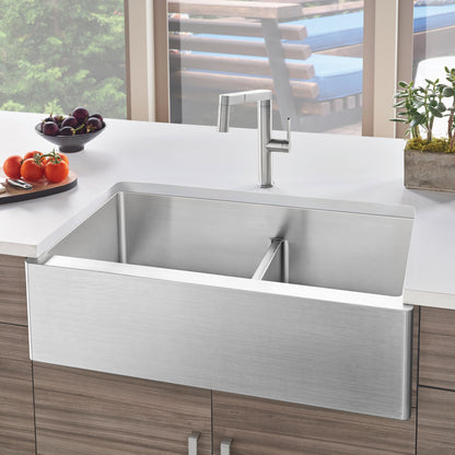 Satin Polished Finish - BLANCO Quatrus R15 33" 60/40 Double Bowl Apron-Front Stainless Steel Farmhouse Sink with Low Divide