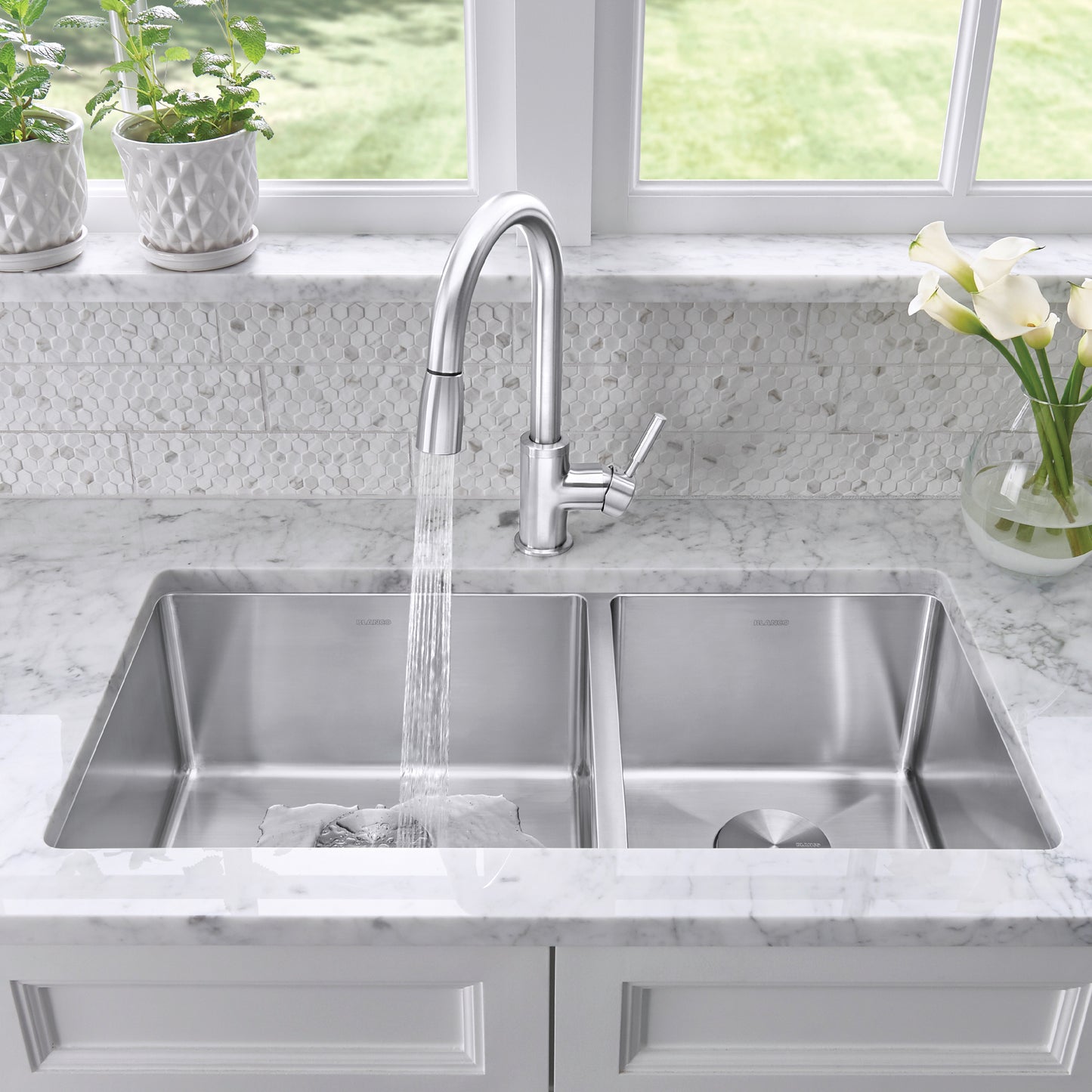 Satin Polished Finish - BLANCO Quatrus R15 33" 60/40 Double Bowl Undermount Stainless Steel Kitchen Sink