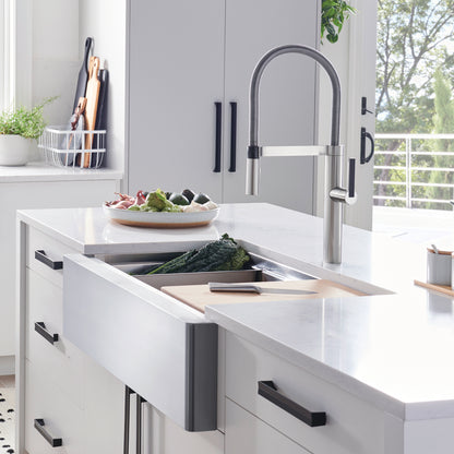Satin Polished Finish - BLANCO Quatrus R15 Ergon 33" Single Bowl Apron-Front Stainless Steel Farmhouse Sink
