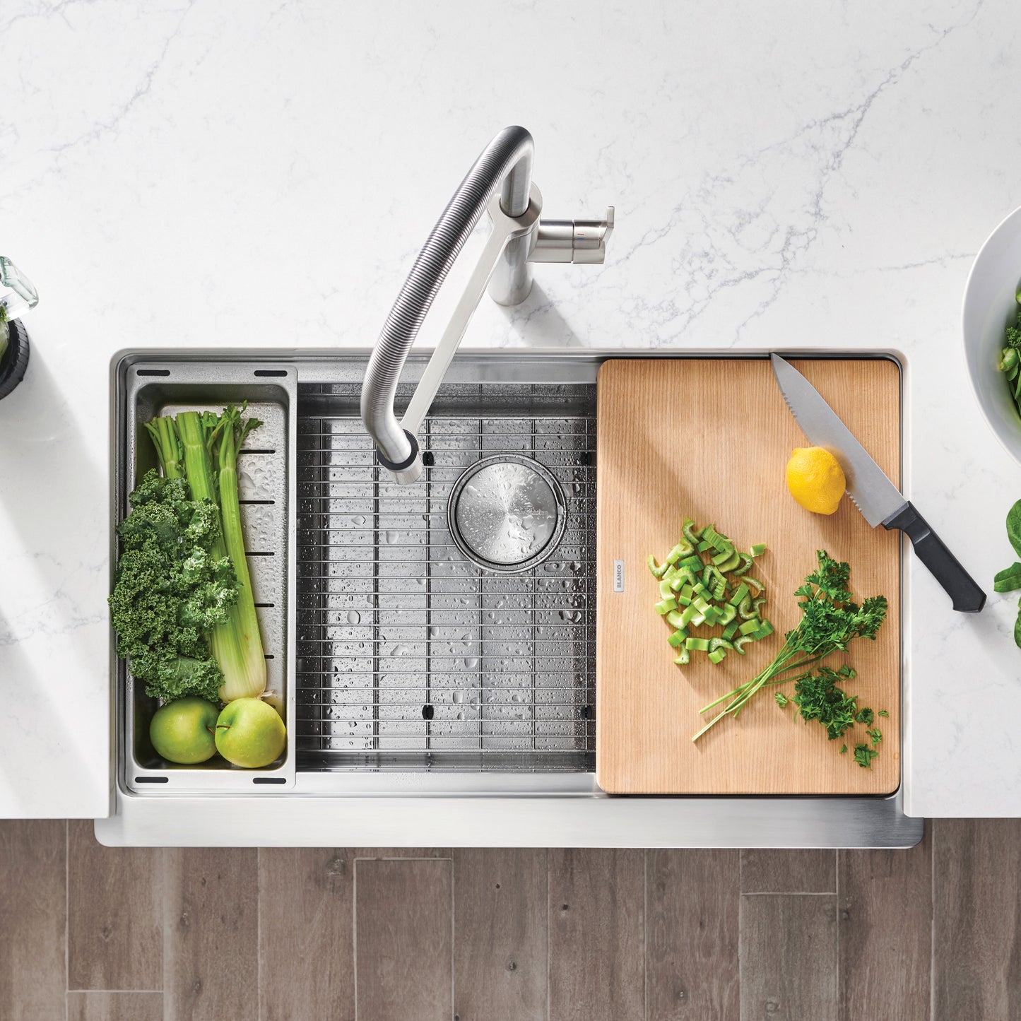 Satin Polished Finish - BLANCO Quatrus R15 Ergon 33" Single Bowl Apron-Front Stainless Steel Farmhouse Sink