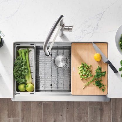 Satin Polished Finish - BLANCO Quatrus R15 Ergon 33" Single Bowl Apron-Front Stainless Steel Farmhouse Sink