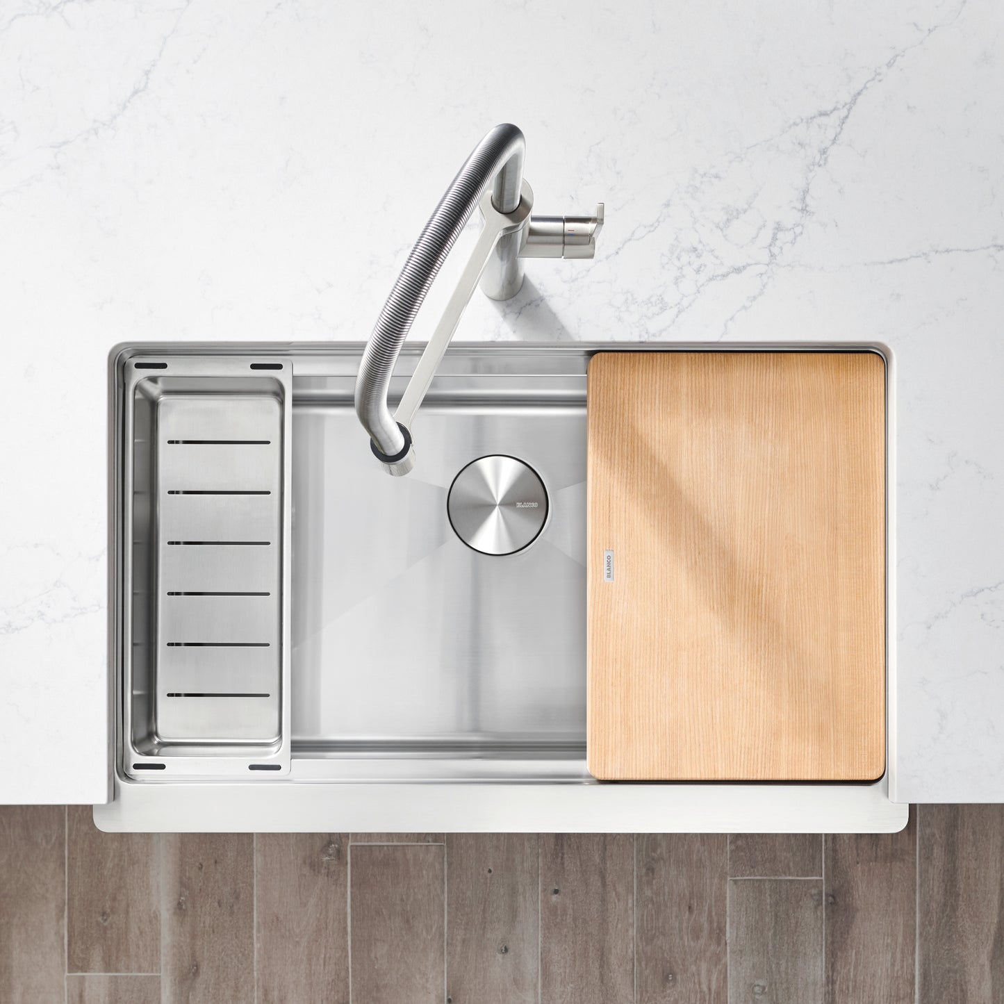Satin Polished Finish - BLANCO Quatrus R15 Ergon 33" Single Bowl Apron-Front Stainless Steel Farmhouse Sink