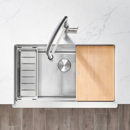 Satin Polished Finish - BLANCO Quatrus R15 Ergon 33" Single Bowl Apron-Front Stainless Steel Farmhouse Sink