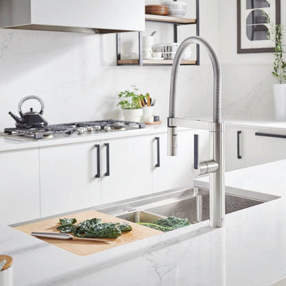 Satin Polished Finish - BLANCO Quatrus R15 Ergon 33" Single Bowl Apron-Front Stainless Steel Farmhouse Sink