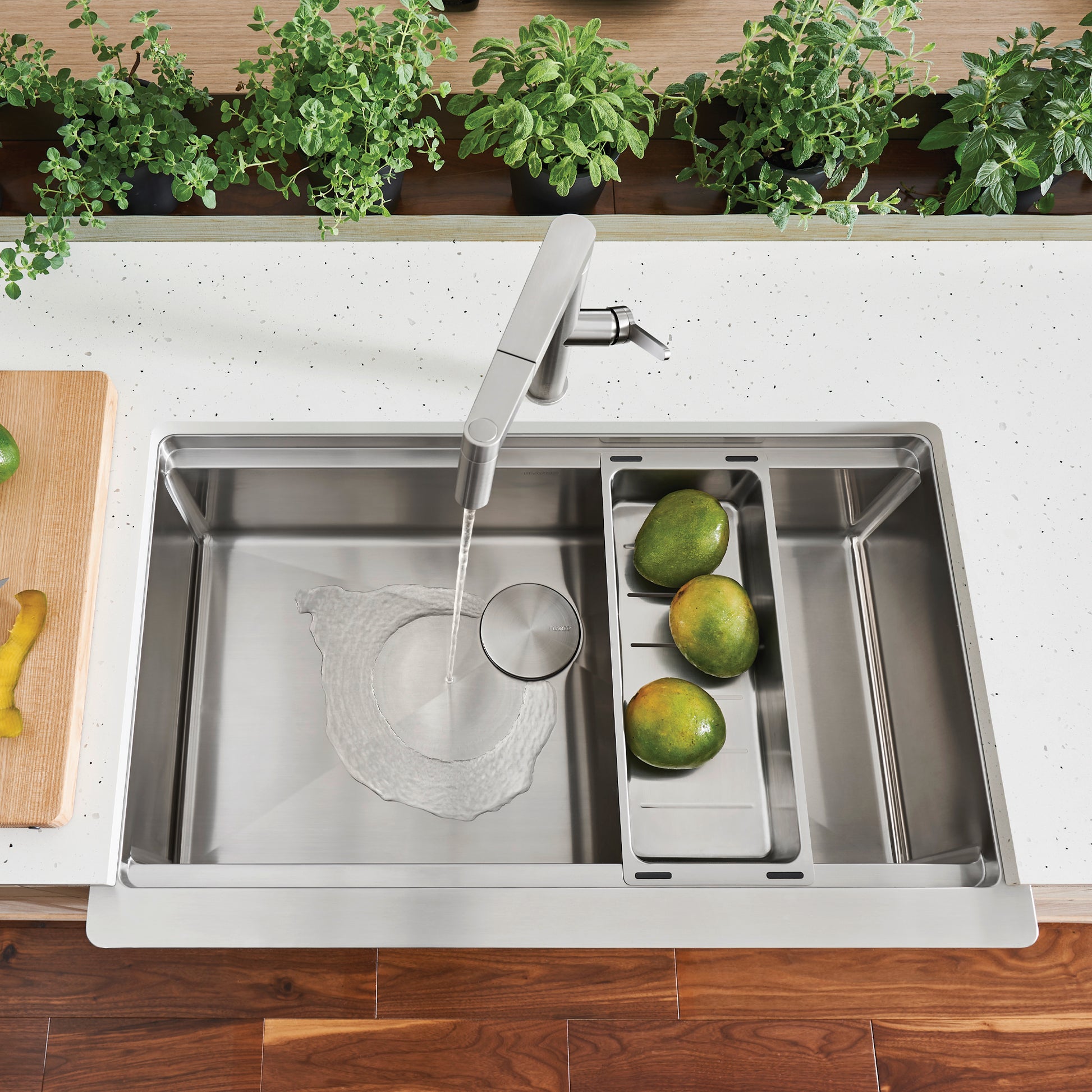 Satin Polished Finish - BLANCO Quatrus R15 Ergon 33" Single Bowl Apron-Front Stainless Steel Farmhouse Sink