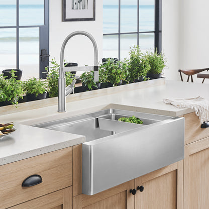 Satin Polished Finish - BLANCO Quatrus R15 Ergon 33" Single Bowl Apron-Front Stainless Steel Farmhouse Sink