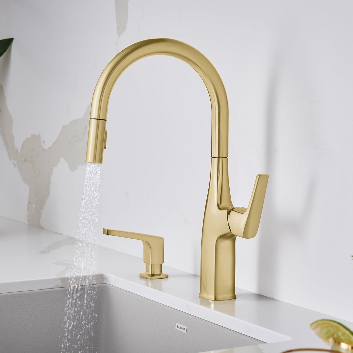 Satin Gold - BLANCO Rivana High-Arc Pull-Down Dual-Spray Kitchen Faucet