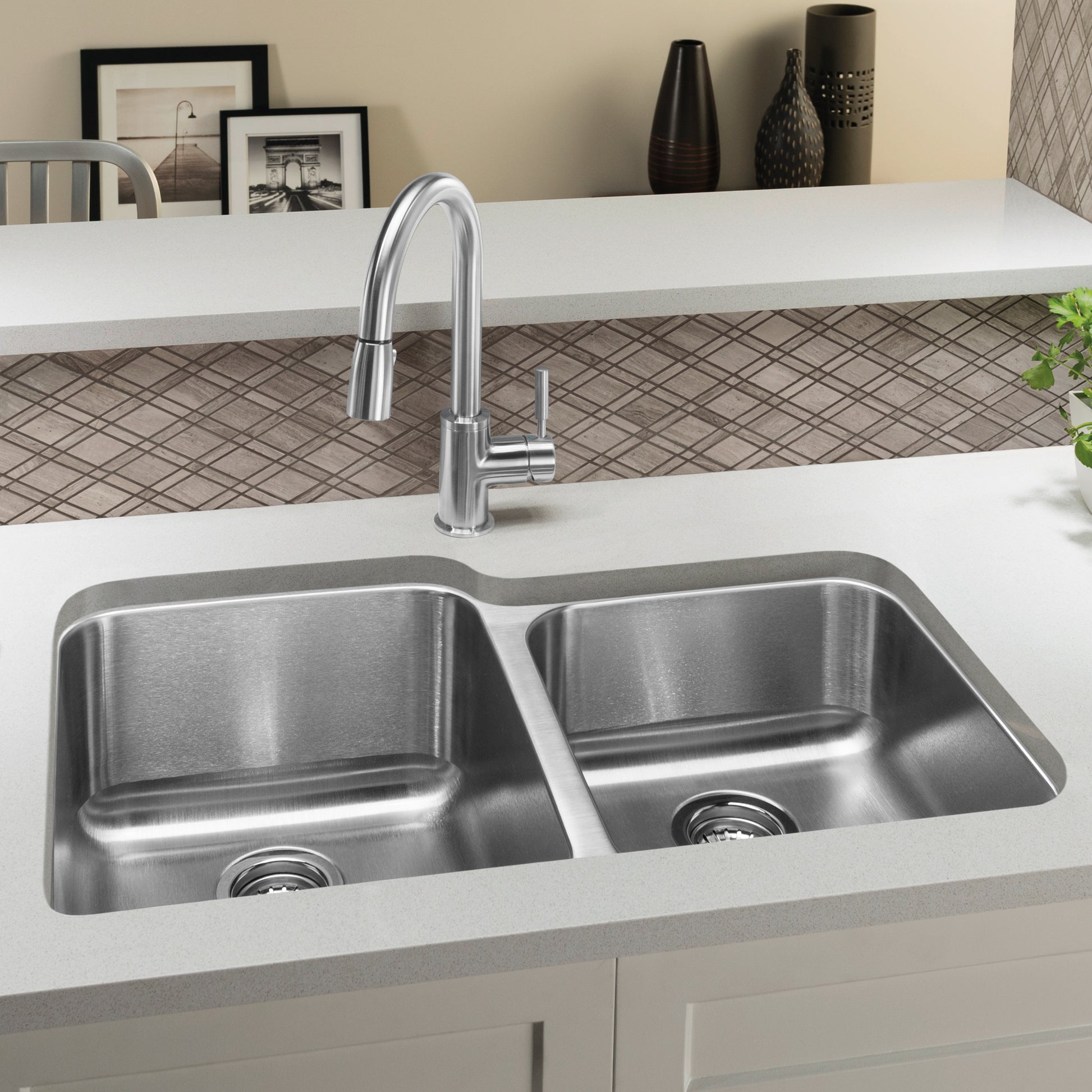 Refined Brushed Finish - BLANCO Stellar 32" 60/40 Double Bowl Undermount Stainless Steel Kitchen Sink