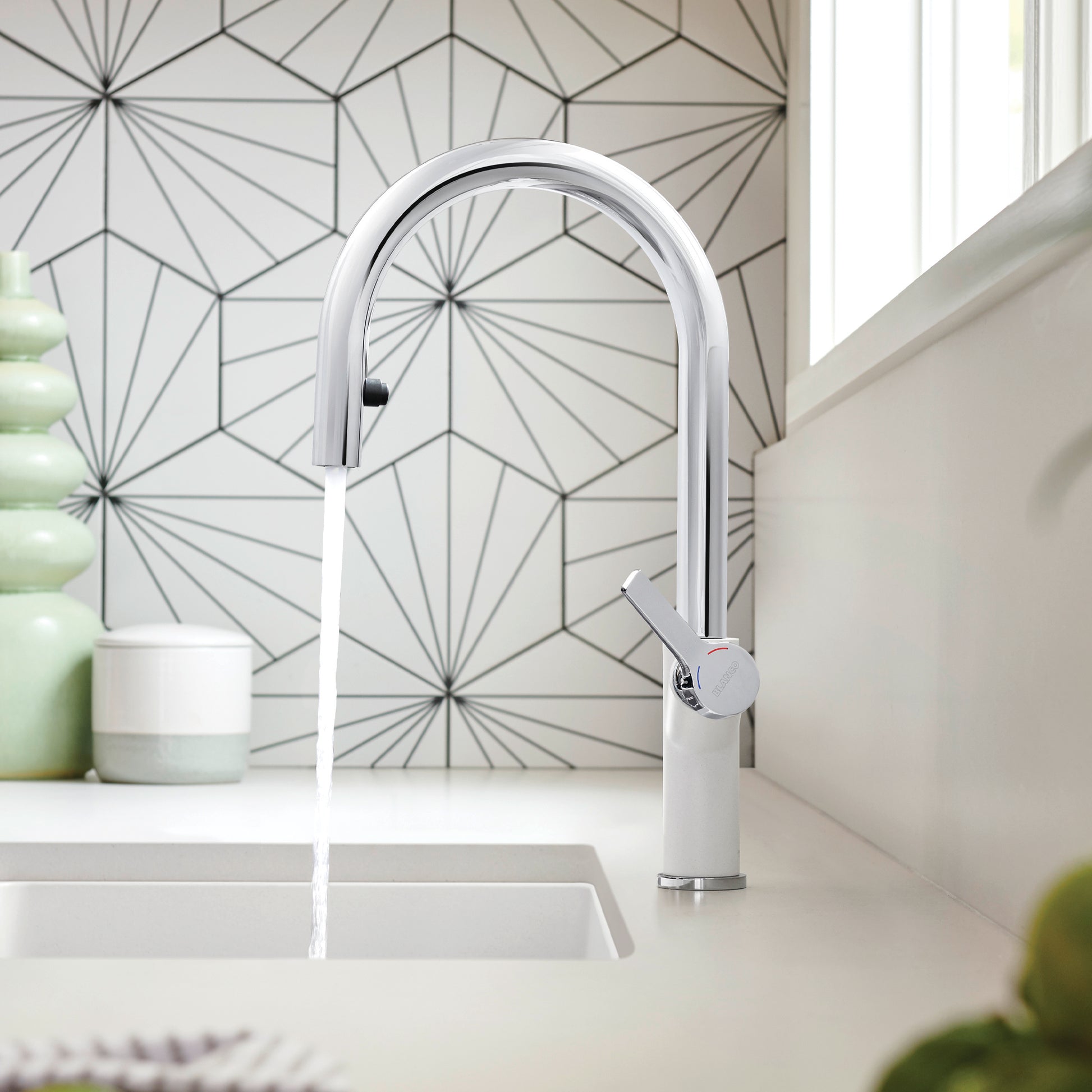 Chrome/White - BLANCO Urbena Pull-Down Dual-Spray Kitchen Faucet