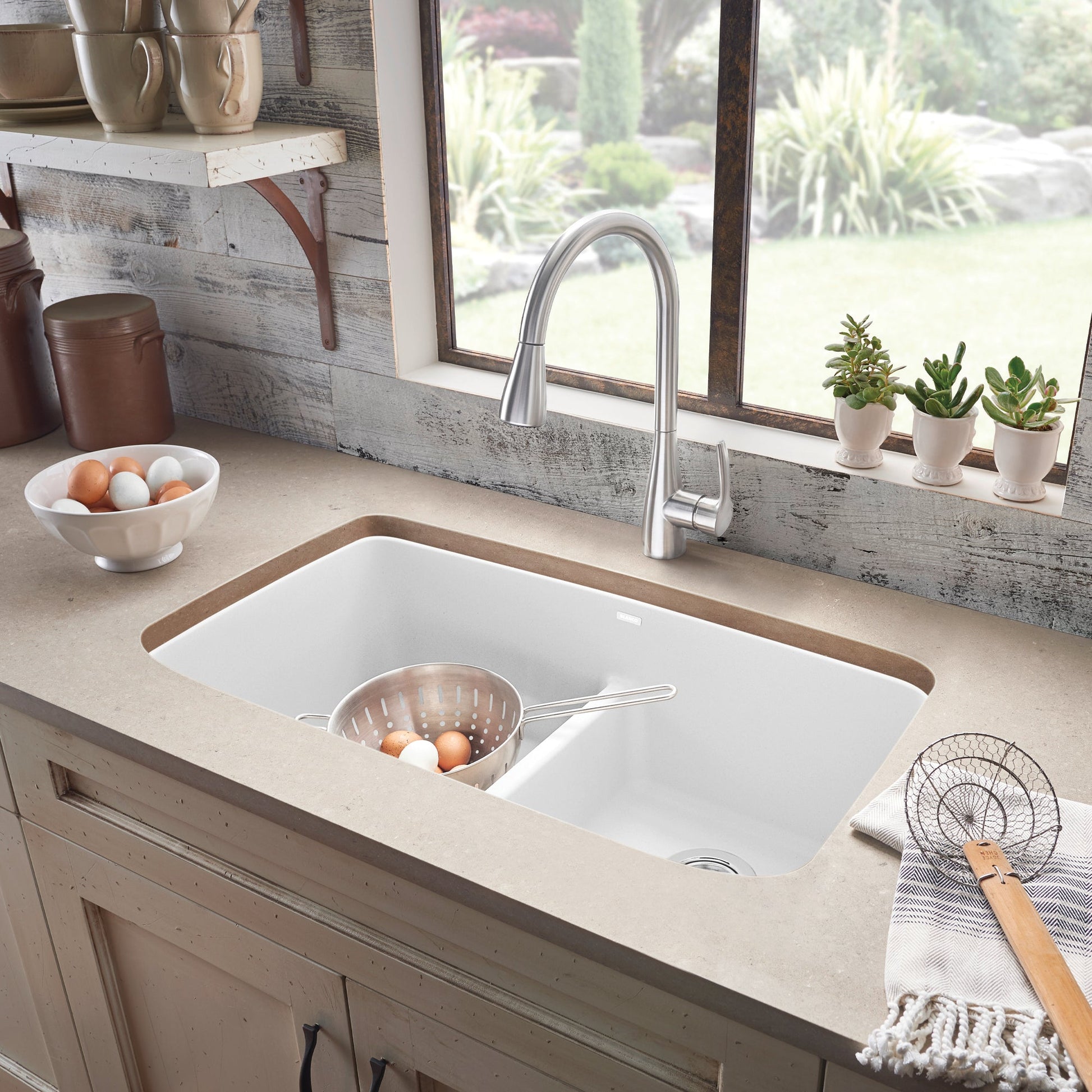 White - BLANCO Valea SILGRANIT 32" 50/50 Double Bowl Undermount Kitchen Sink with Low Divide