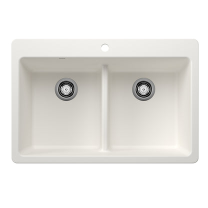 BLANCO Liven SILGRANIT 33" 50/50 Double Bowl Dual Mount Kitchen Sink with Low Divide - White
