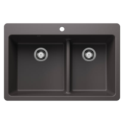 BLANCO Liven SILGRANIT 33" 60/40 Double Bowl Dual Mount Kitchen Sink with Low Divide - Cinder