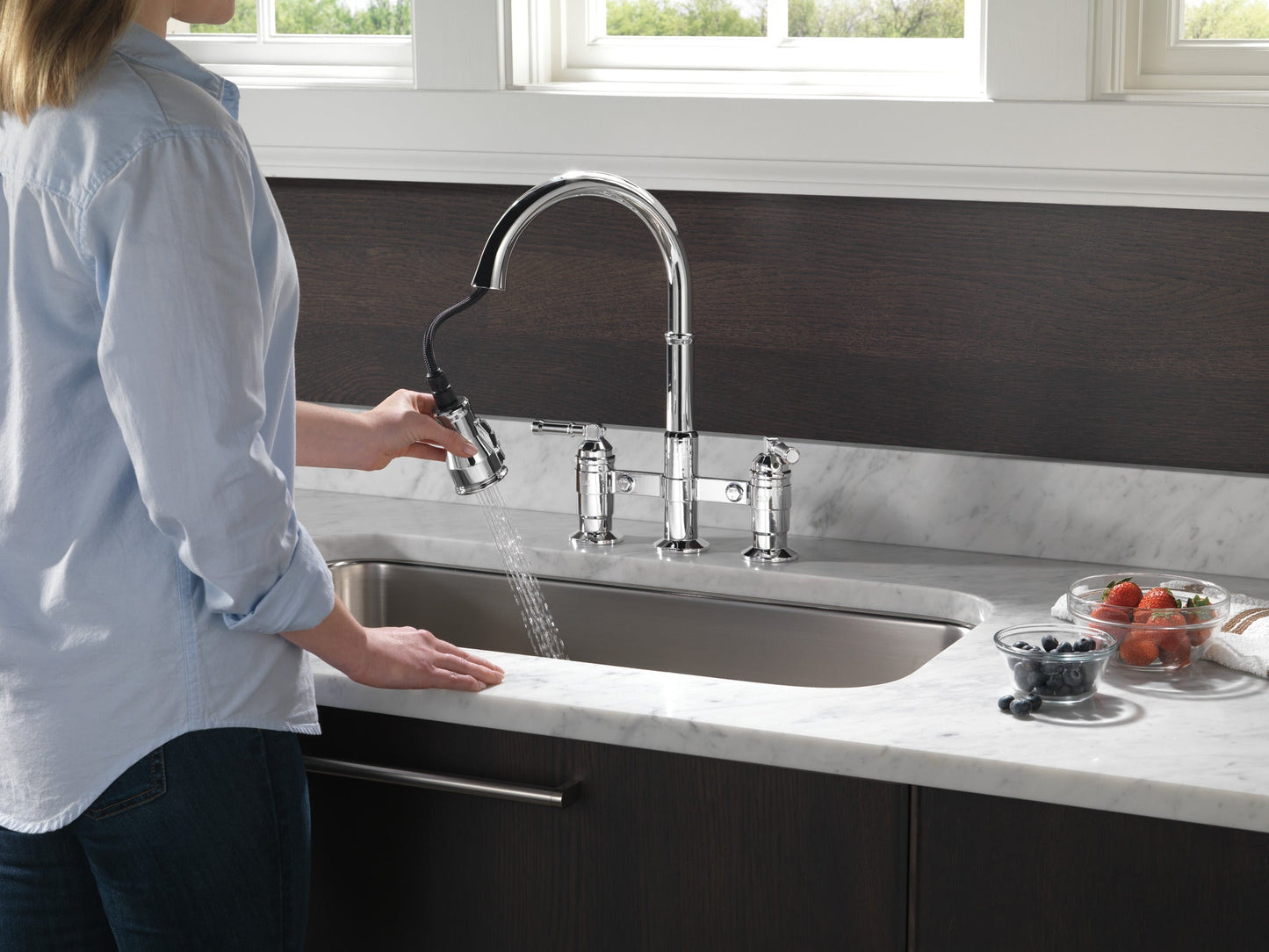 Delta Broderick 2390L Two Handle Pull-Down Bridge Kitchen Faucet