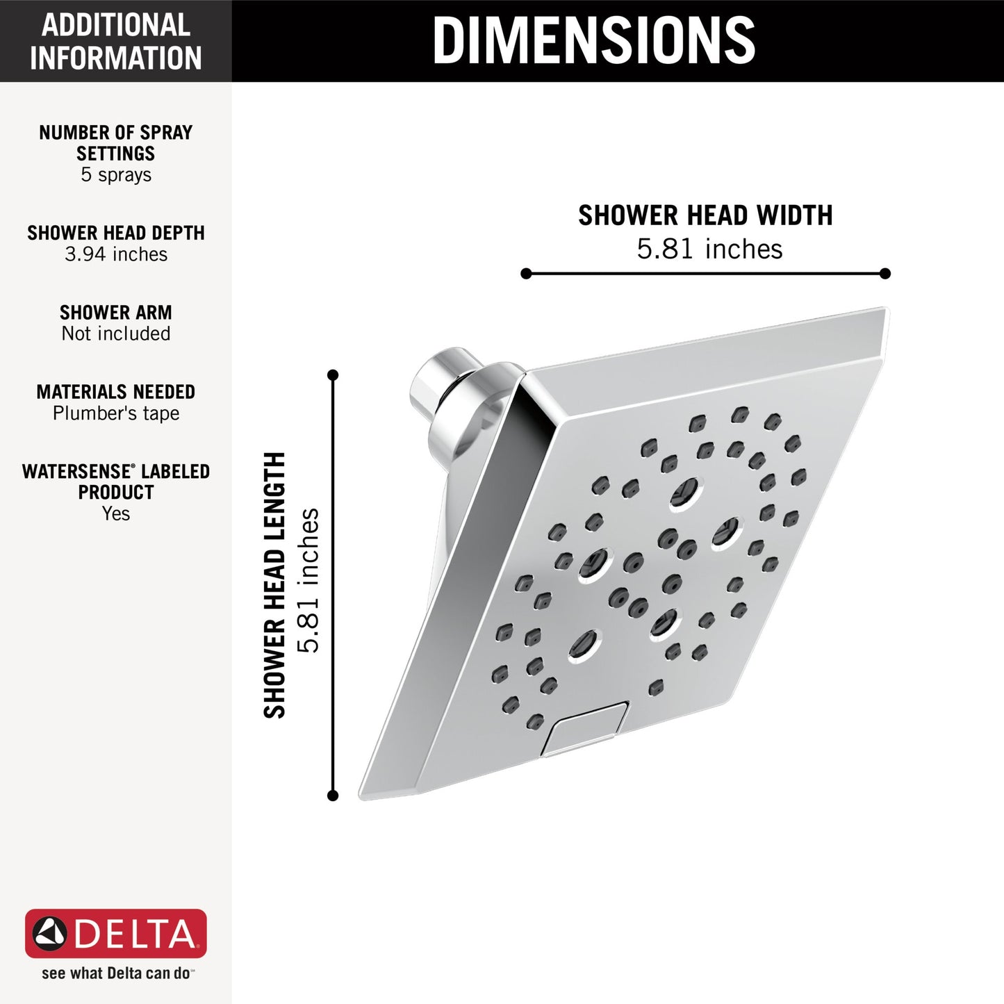 Delta Universal Showering Components 52664 H2OKINETIC 5-Setting Angular Modern Raincan Shower Head