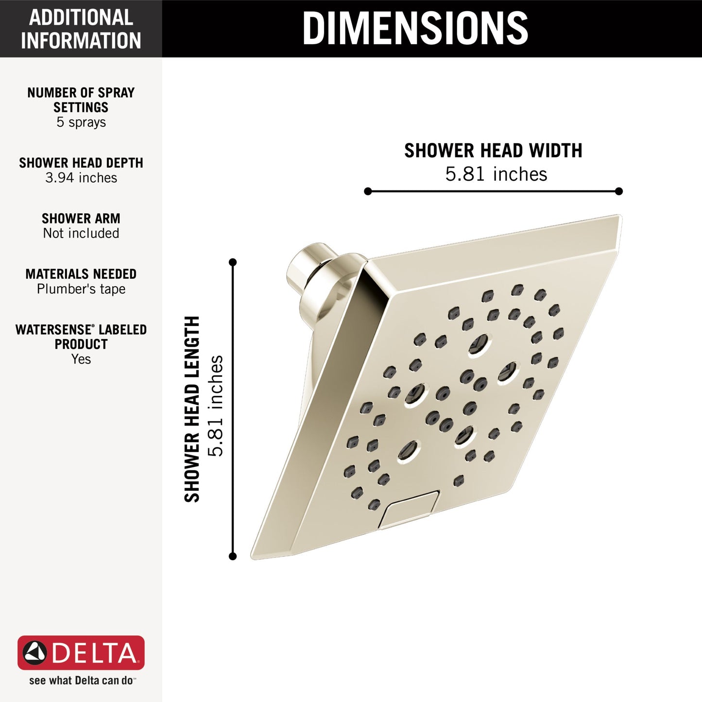 Delta Universal Showering Components 52664 H2OKINETIC 5-Setting Angular Modern Raincan Shower Head