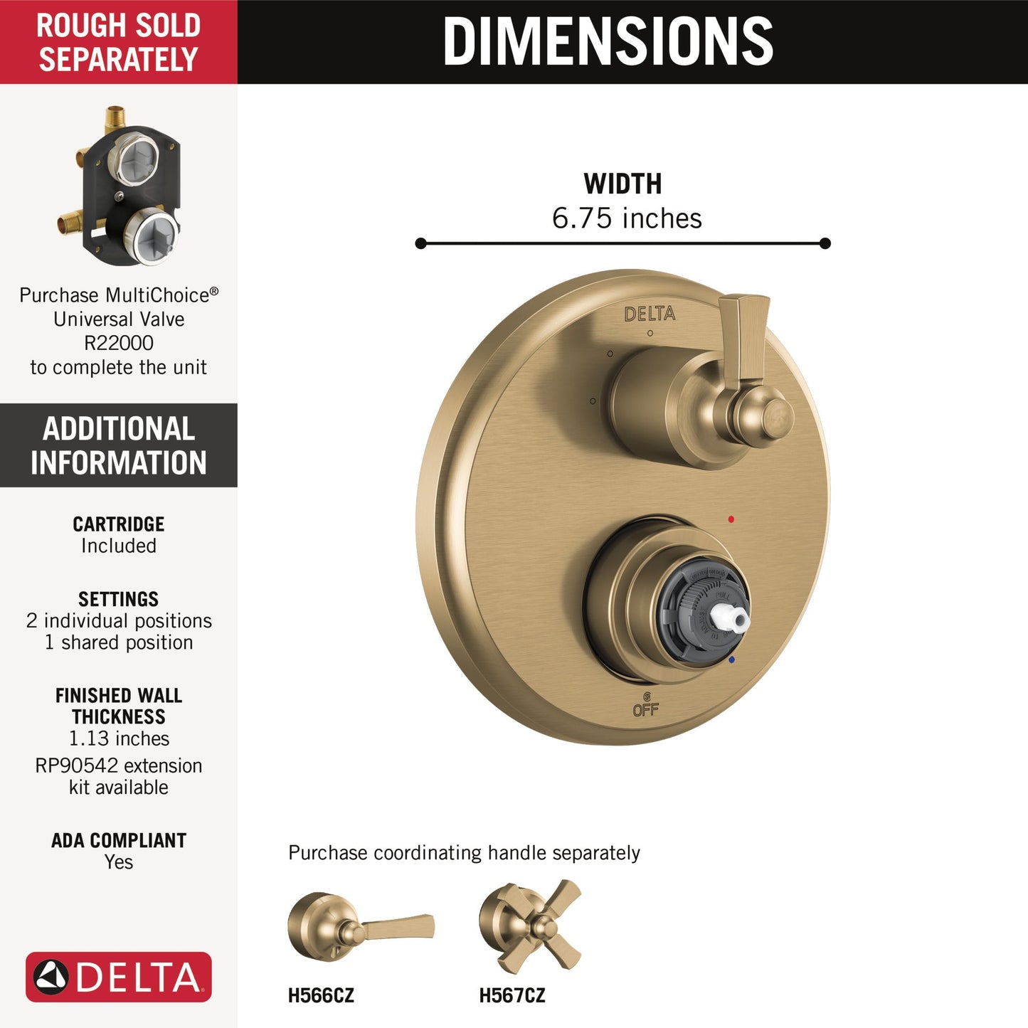 Delta Dorval T24856 Traditional 2-Handle Monitor 14 Series Valve Trim with 3 Setting Diverter