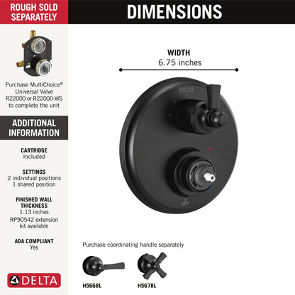 Delta Dorval T24856 Traditional 2-Handle Monitor 14 Series Valve Trim with 3 Setting Diverter
