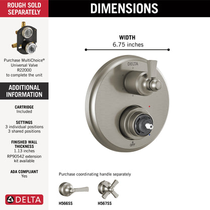 Delta Dorval T24956 Traditional 2-Handle Monitor 14 Series Valve Trim with 6 Setting Diverter