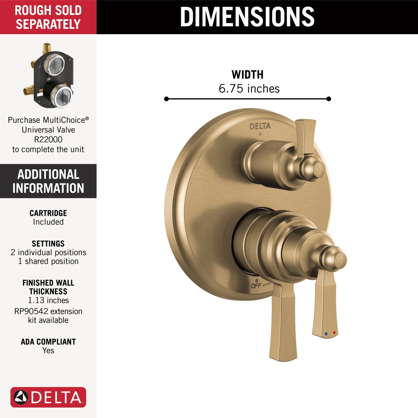 Delta Dorval T27856 Traditional 2-Handle Monitor 17 Series Valve Trim with 3 Setting Diverter