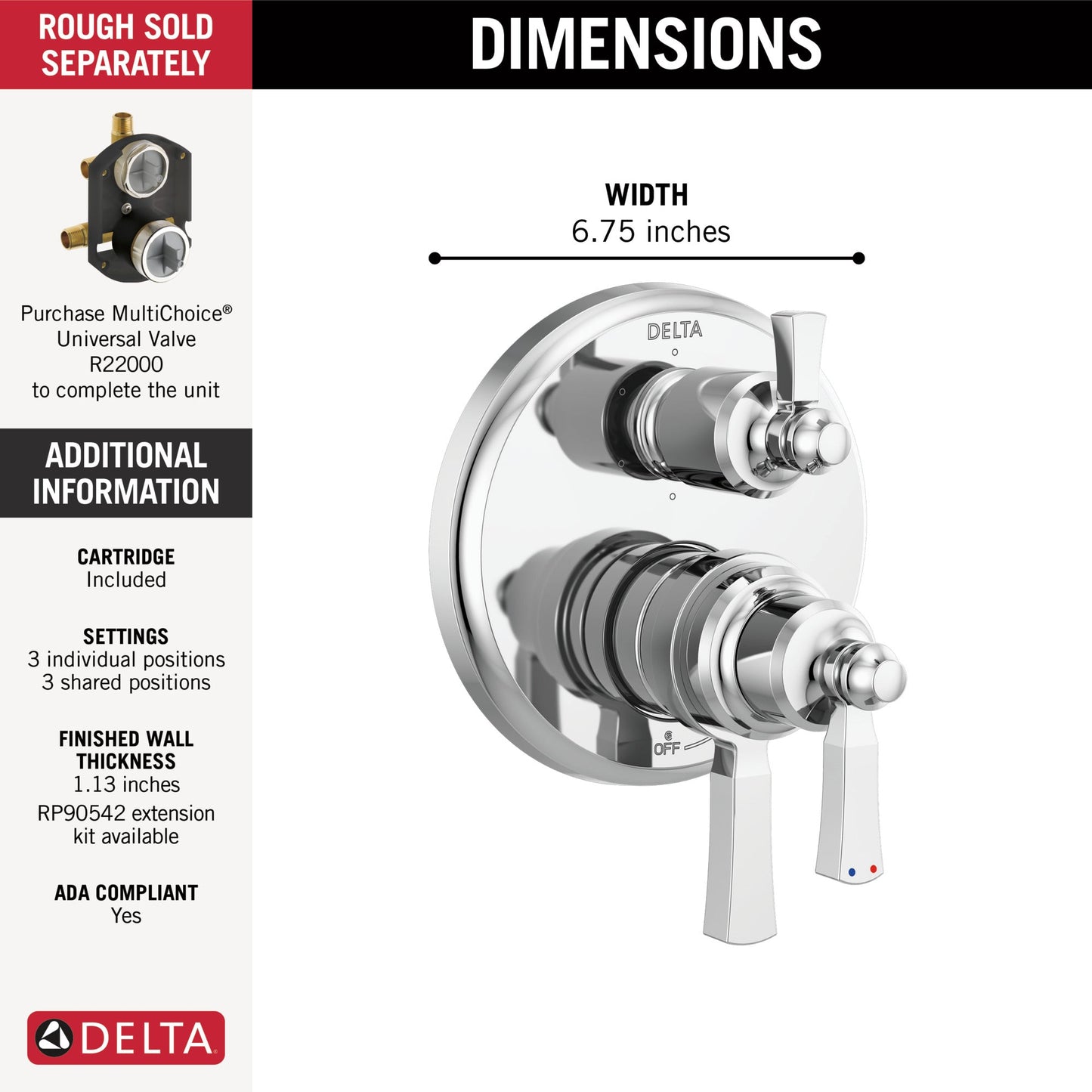 Delta Dorval T27956 Traditional 2-Handle Monitor 17 Series Valve Trim with 6 Setting Diverter
