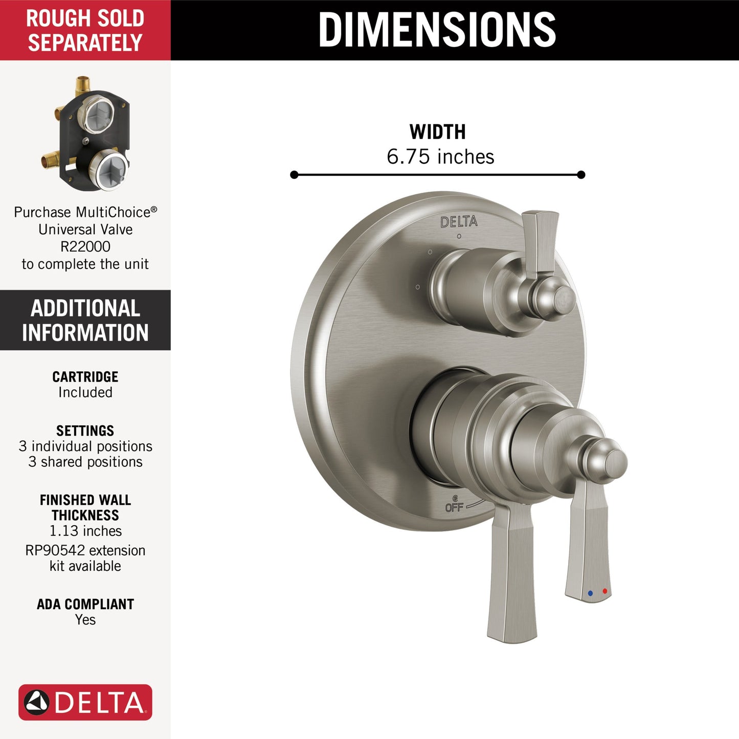 Delta Dorval T27T956 Traditional 2-Handle Monitor 17T Series Valve Trim with 6 Setting Diverter